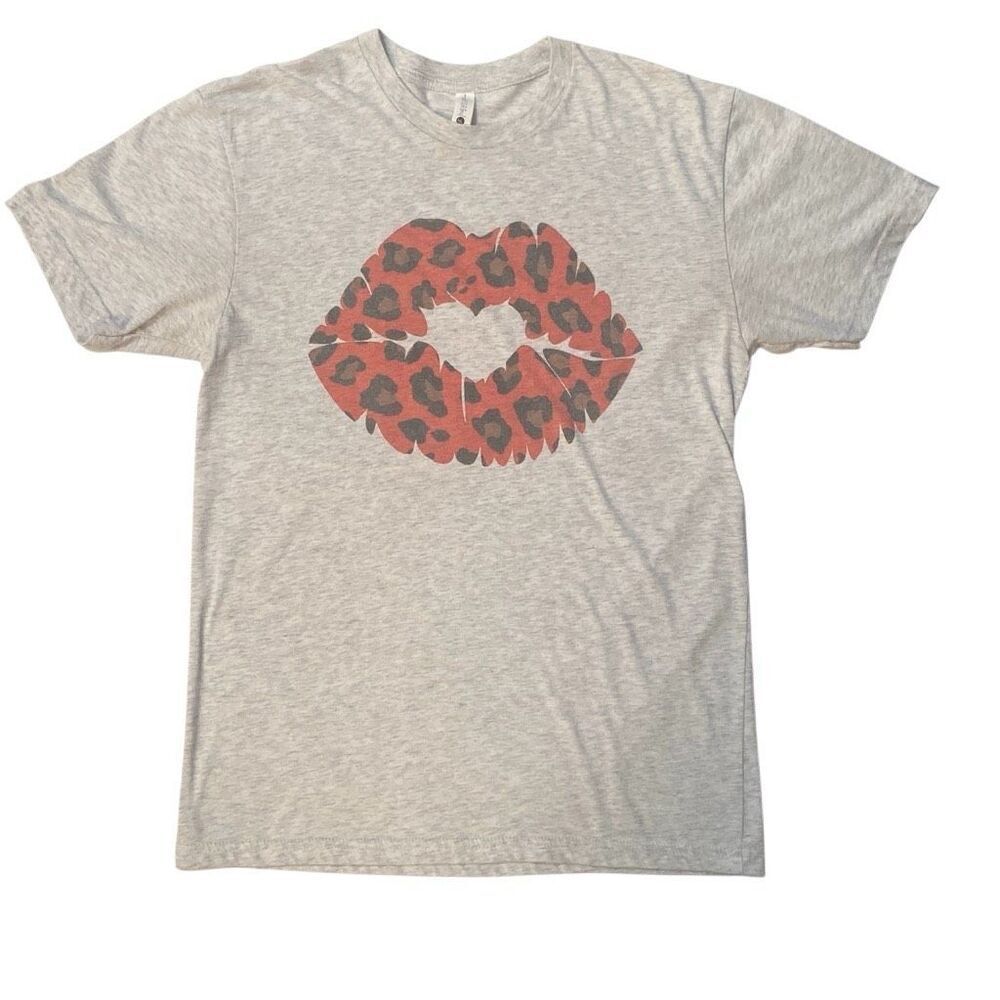 Animal Print Red Kissy Lips Ladies Gray Short Sleeve T Shirt Women Size Medium